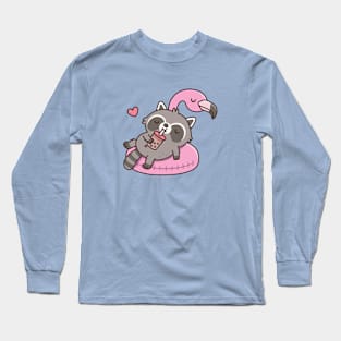 Cute Raccoon Chilling on Flamingo Pool Float Long Sleeve T-Shirt